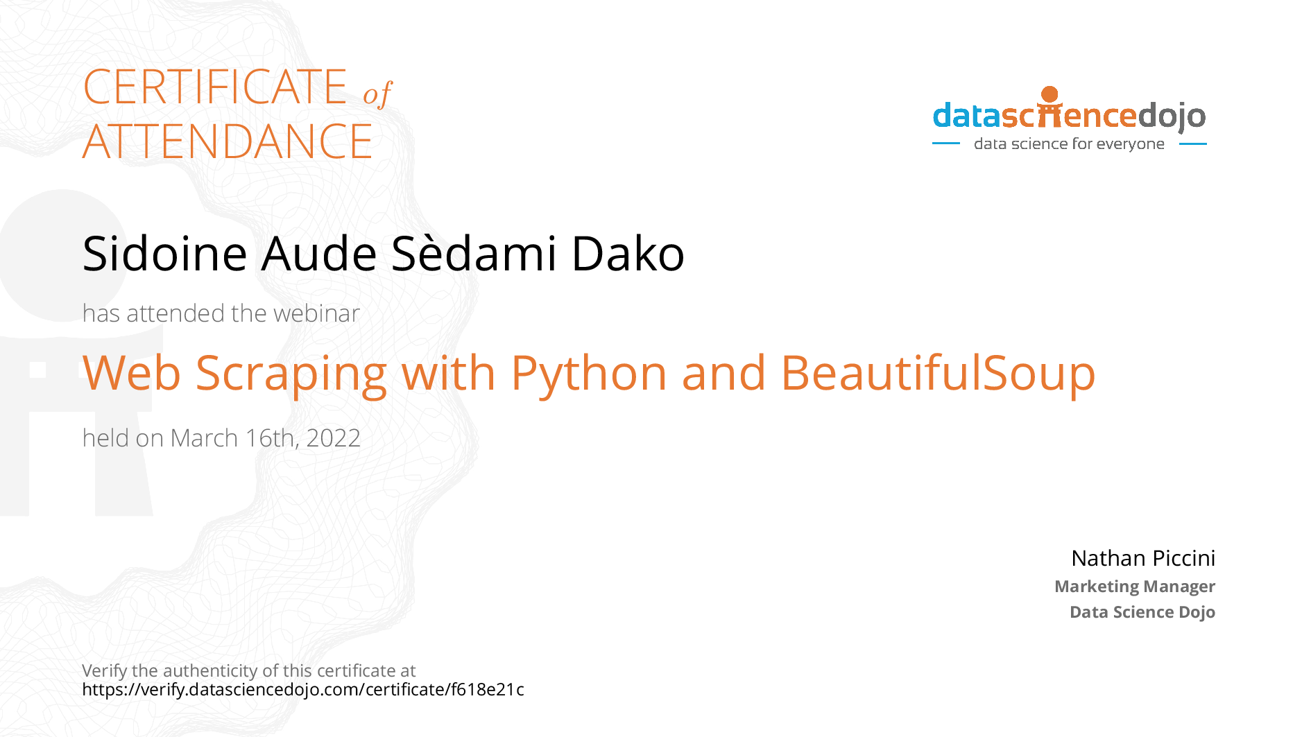 Sidoine Aude Sèdami Dako s Certificate Data Science Dojo