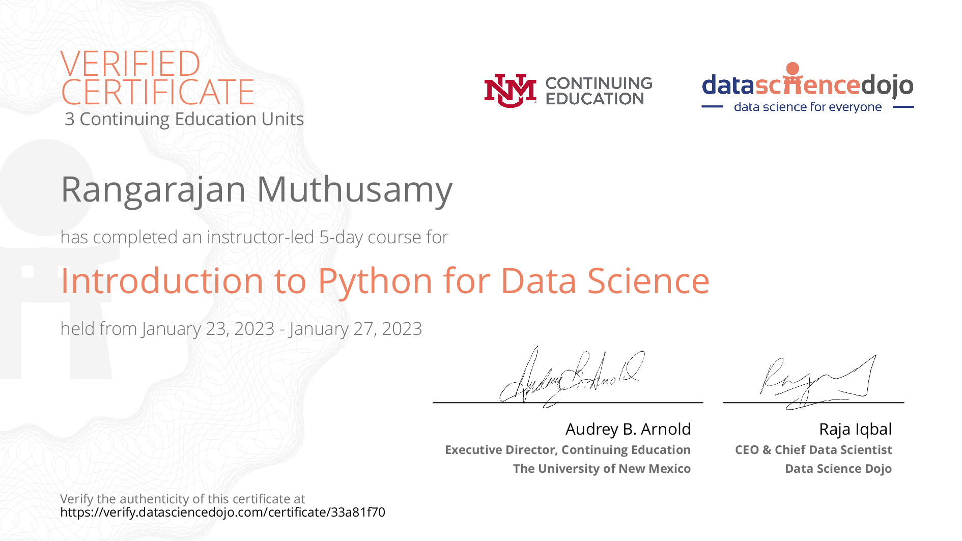 Rangarajan Muthusamy's Certificate | Data Science Dojo