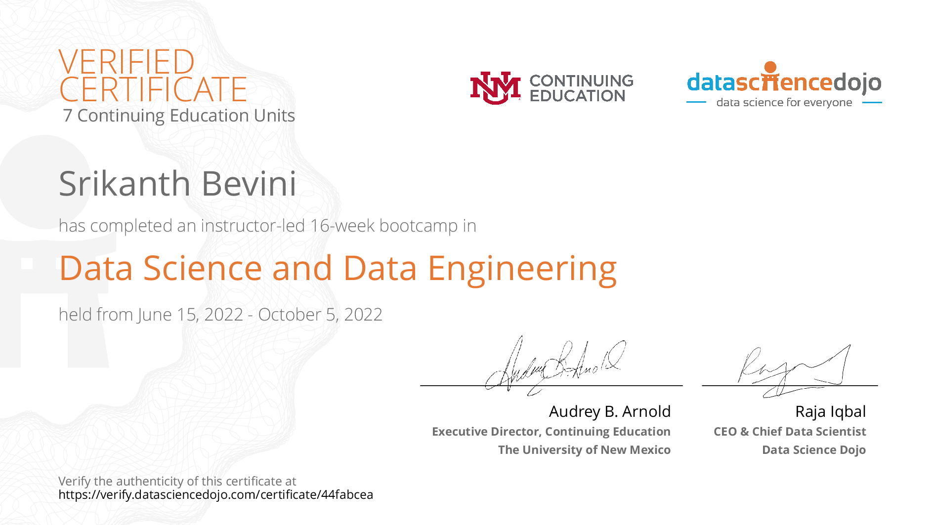 Srikanth Bevini's Certificate | Data Science Dojo