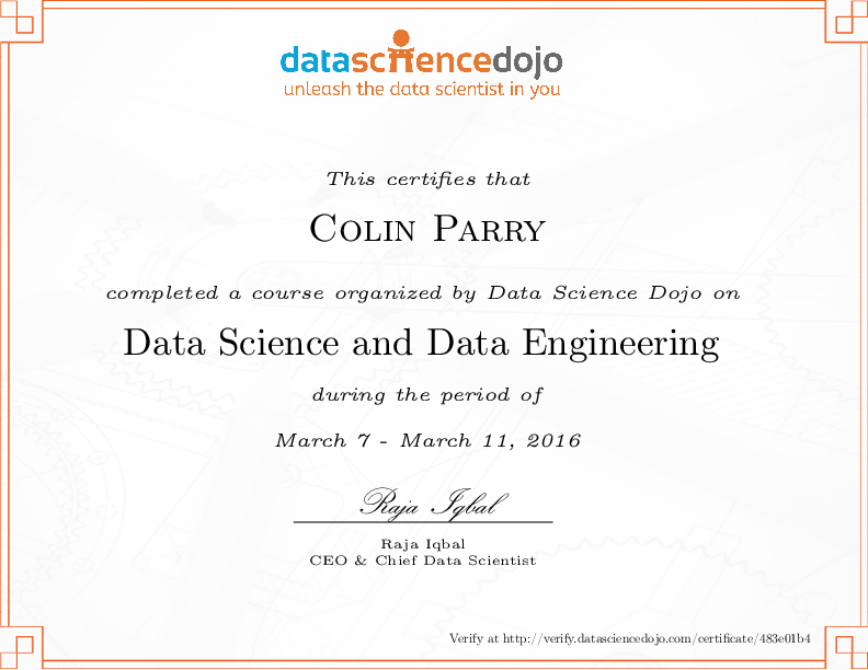 Colin Parry's Certificate | Data Science Dojo