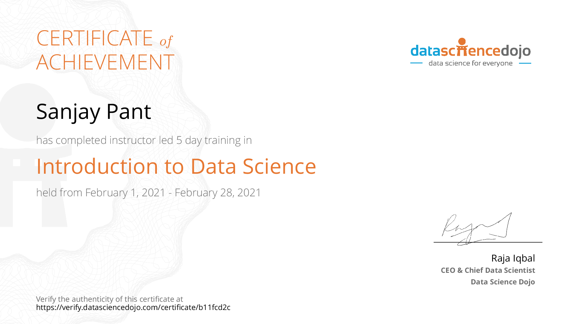 Sanjay Pant's Certificate | Data Science Dojo