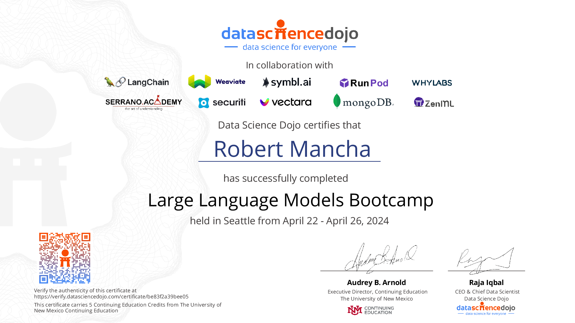 Robert Mancha's Certificate | Data Science Dojo