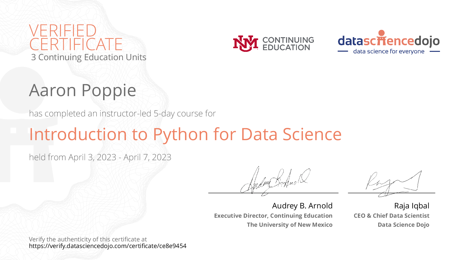 Aaron Poppie's Certificate | Data Science Dojo