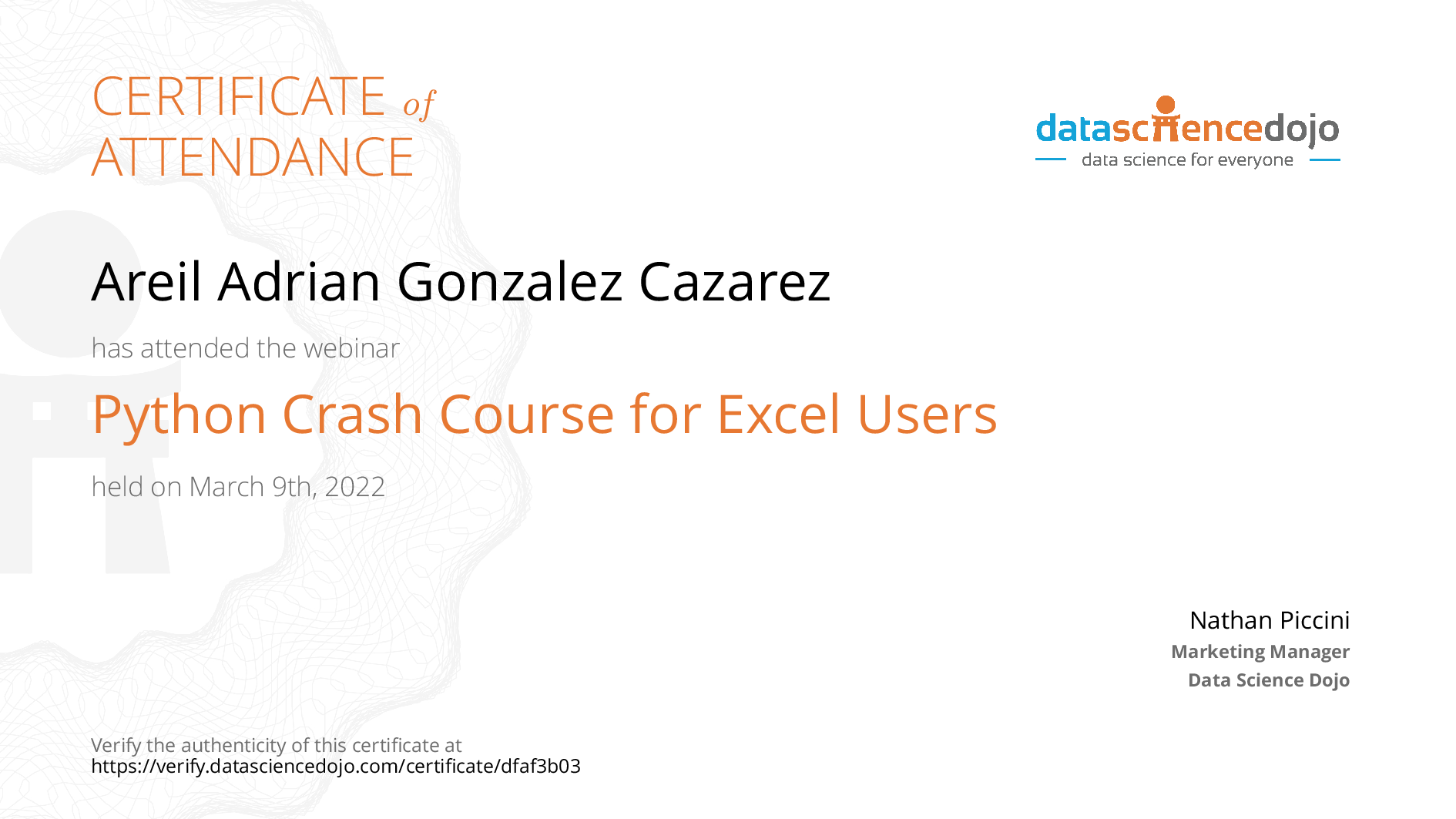 Areil adrian gonzalez cazarez s certificate data science dojo