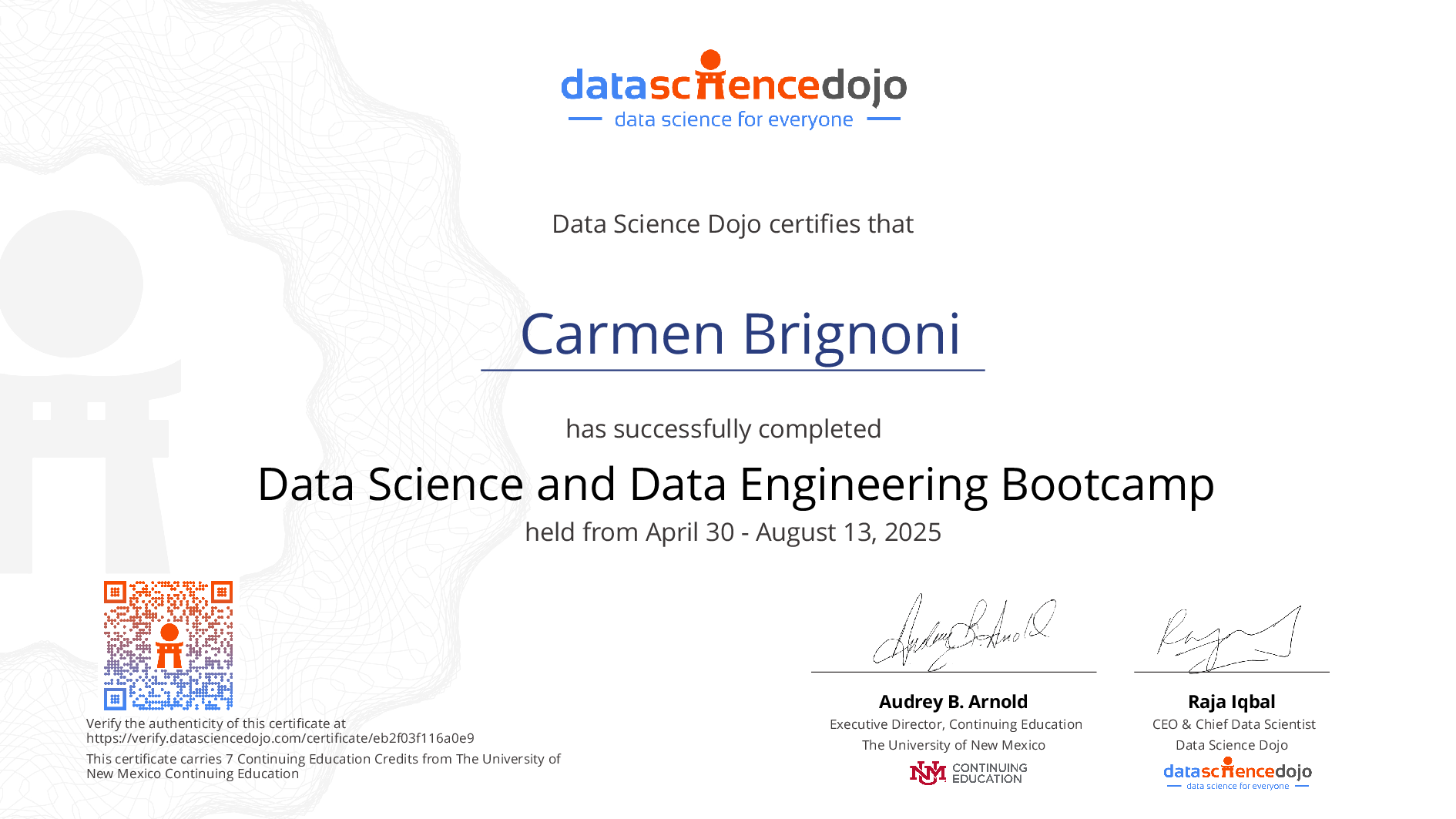 Carmen Brignoni's Certificate | Data Science Dojo